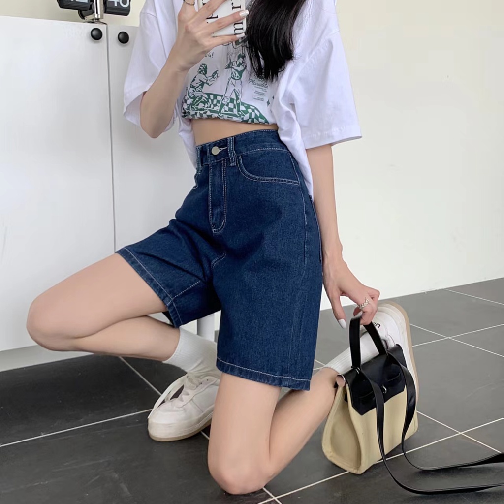 SUXI Quần Short Denim Lưng Cao Màu Sắc Đơn Giản Phong Cách Vintage Dễ Phối Đồ Cho Nữ