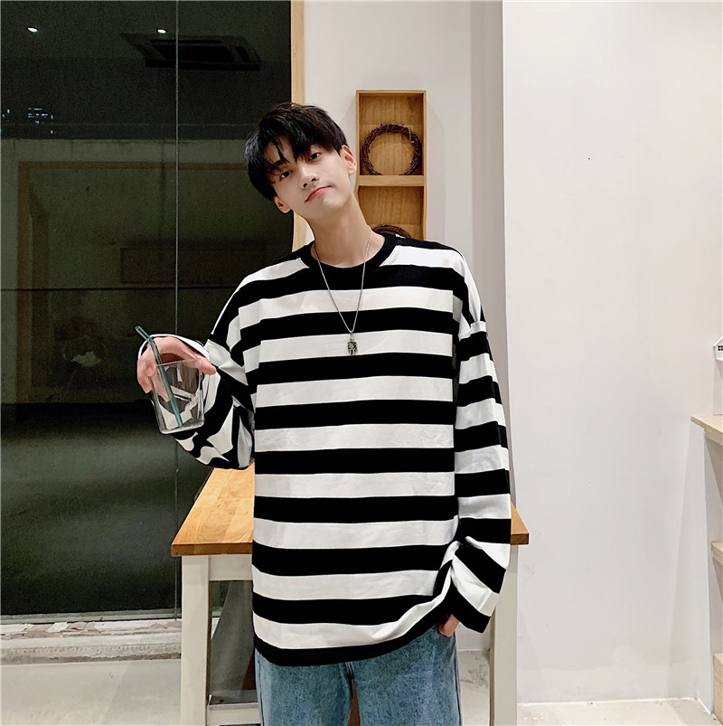 Áo sweater tay dài dáng rộng kẻ sọc thời trang cho cặp đôi