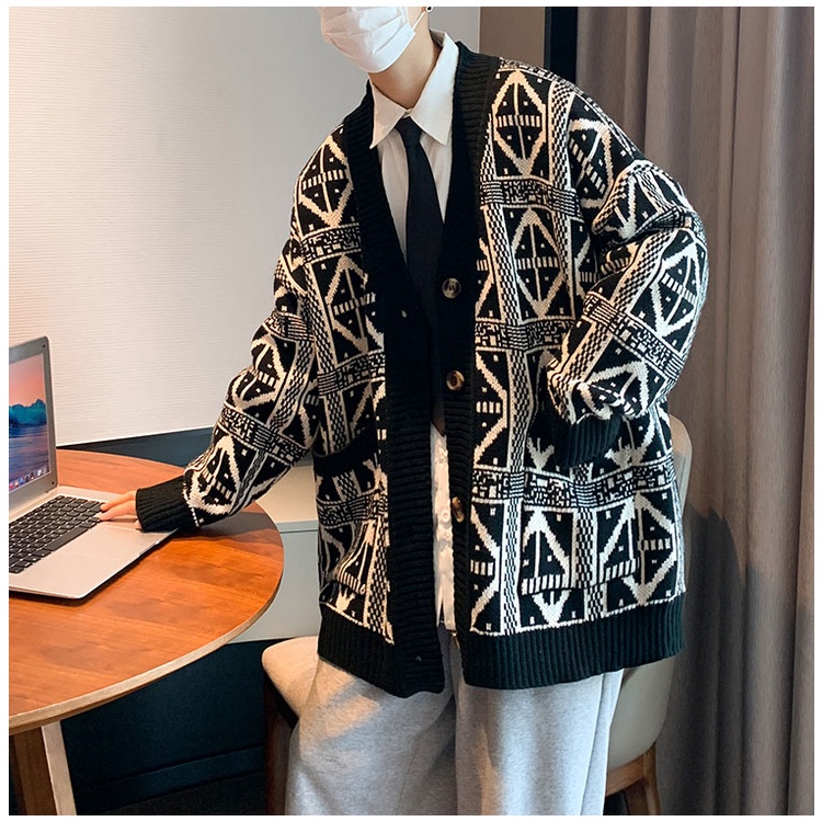 Áo len cardigan nam cổ V dáng rộng, áo khoác len nam form rộng hàn quốc oversize họa tiết thổ cẩm 276