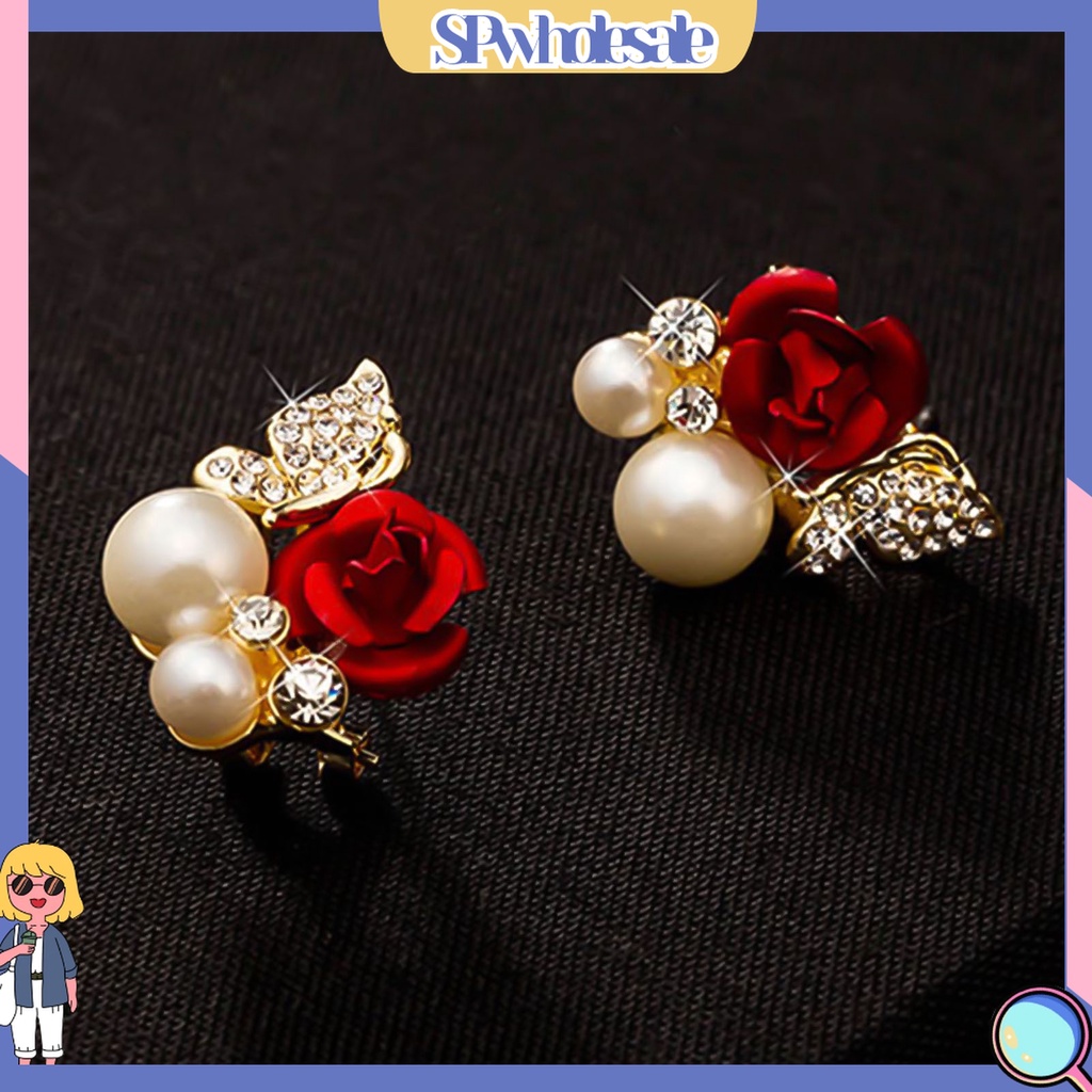 [SPwholesale] Khuyên tai hình hoa hồng đính ngọc trai thời trang dành cho nữ