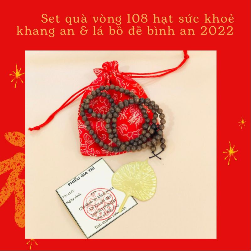 Túi quà vòng tay 108 hạt và lá bồ đề mạ vàng 10k