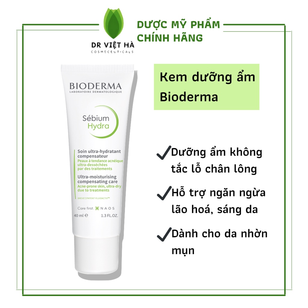 Kem Dưỡng Ẩm Dành Cho Da Nhờn Mụn giúp cấp ẩm, sáng da, ngăn ngừa lão hoá Bioderma Sebium Hydra 40ml
