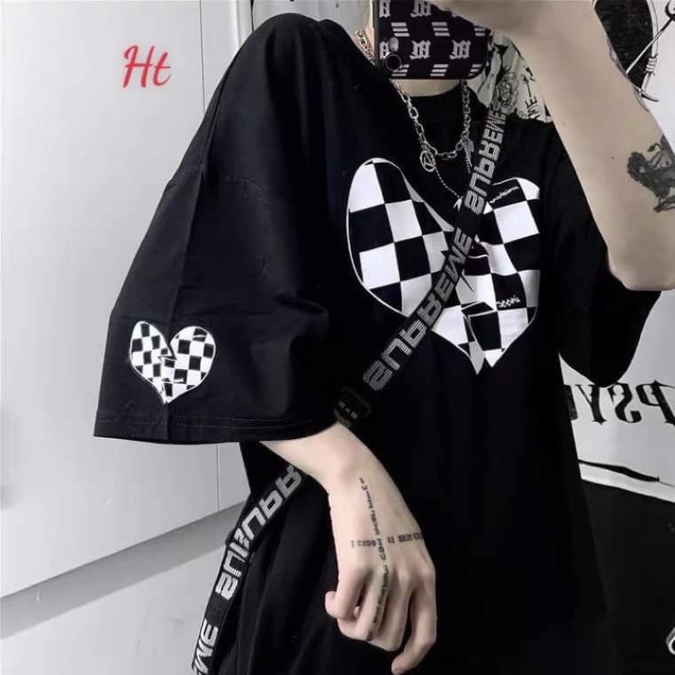 Áo thun form rộng tay lỡ trái tim caro tay ngực chất cotton nam nữ unisex giá rẻ