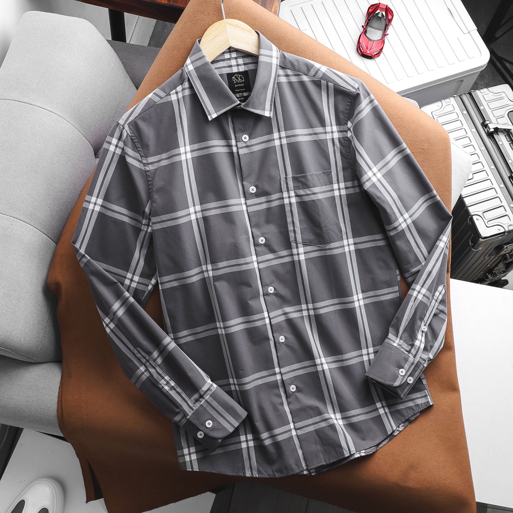 Áo sơ mi SASM64 caro lớn tay dài màu xanh / xám có túi trước ngực |SATOSHI|
