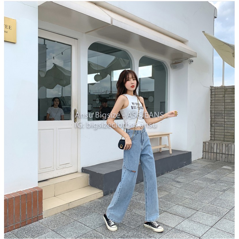 Quần jean ống suông cho người mập rách đùi màu xanh
