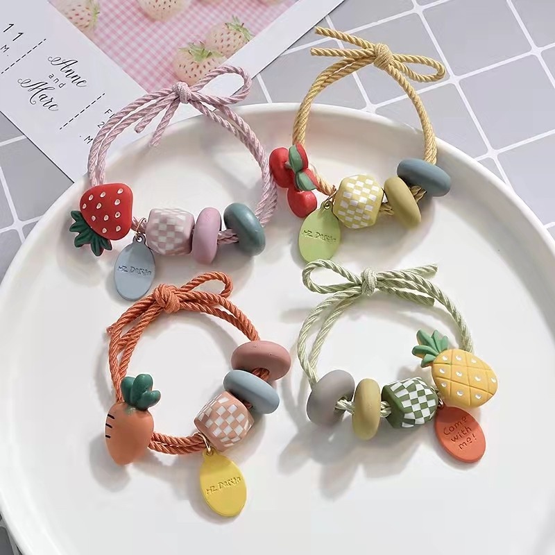 Dây Buộc Tóc Da Cao Su Co Giãn Đính Hạt Nhiều Màu Hình Trái Cây Thời Trang Cho Nữ