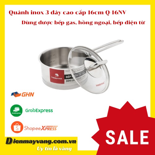 〖Sử dụng được bếp từ〗Quánh inox cao cấp 3 đáy Happy Cook Novelty Q16-NV (16cm) - Nắp kính cường lực - Quai và núm inox