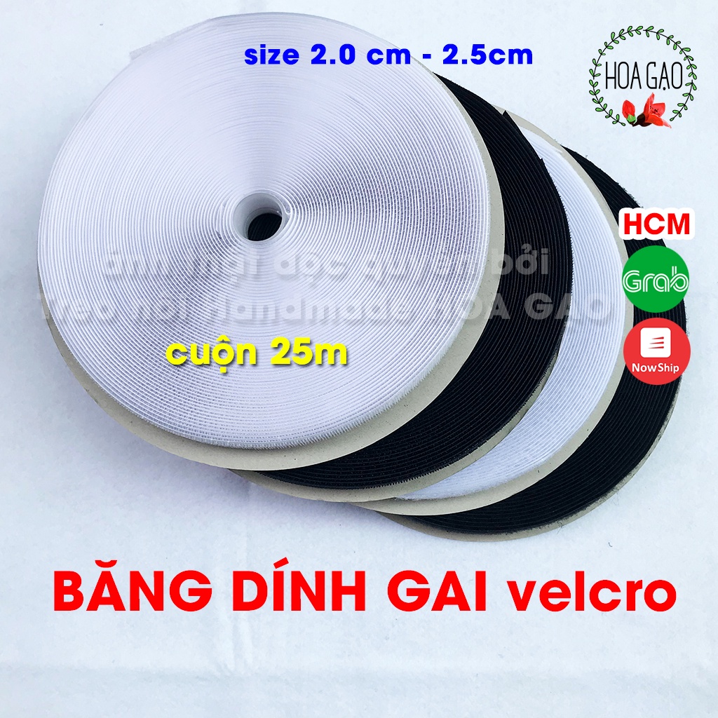 Băng dính gai velcro gai nhám, gai dính xé nhám HOA GẠO GXG0T 1m không keo trắng đen 2.0cm 2.5cm phụ kiện may mặc