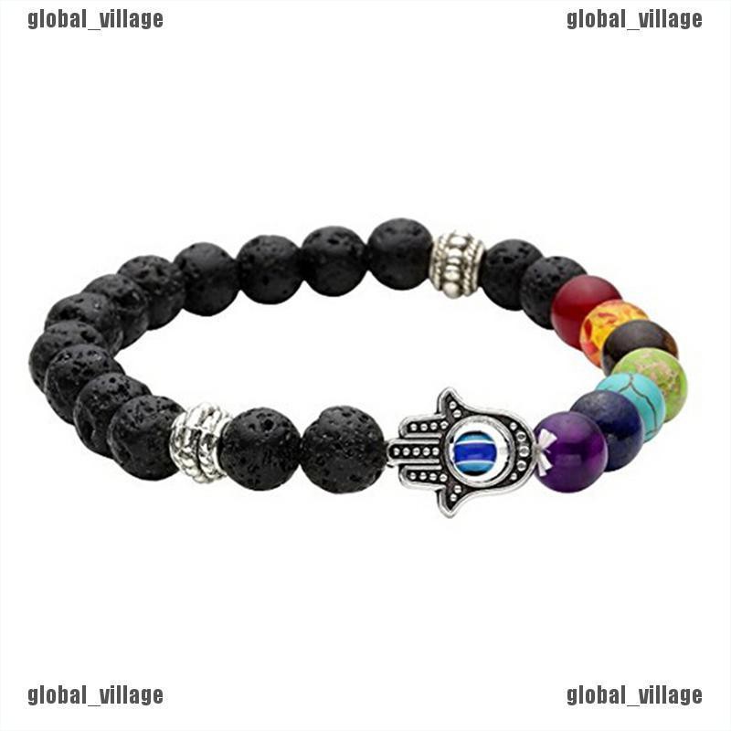 [global] Hamsa Hand Chakra Gemstone Bracelet Lava Stone Crystal Reiki Healing Balancing [village]