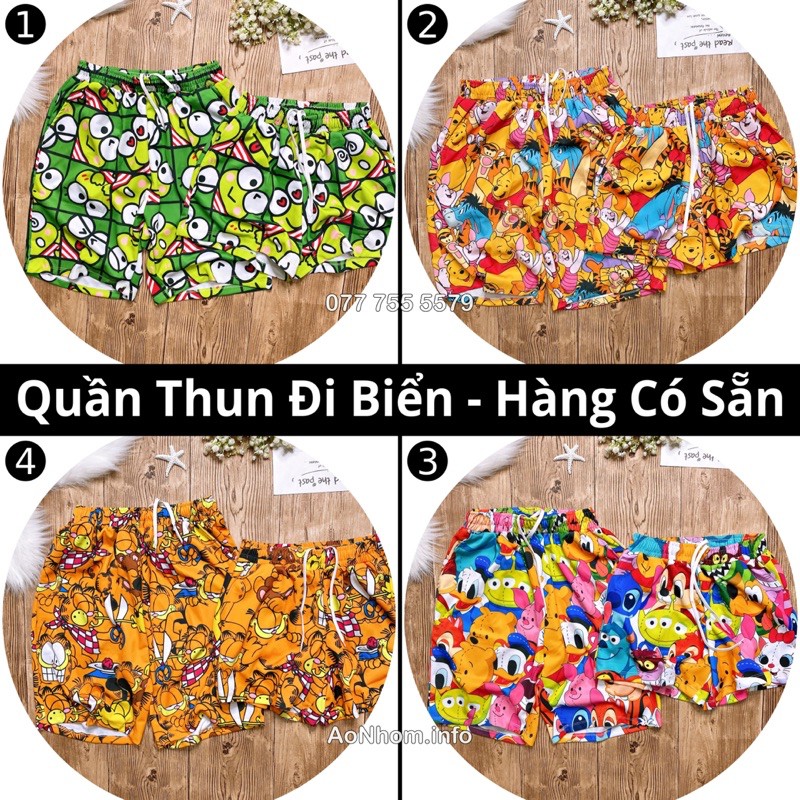 Quần Thun đi biển - Vịt xanh, Vịt trắng, Baby Shark, Mickey, Gấu Pooh, Stickers, Logo, Hello Summer, Doremon