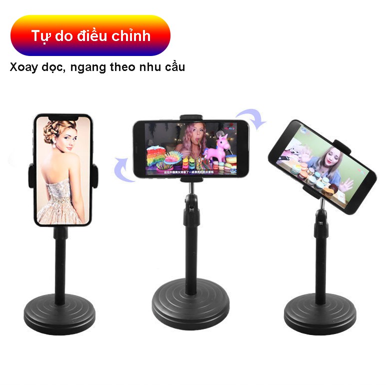 Giá đỡ điện thoại để bàn livestream cao cấp cổ móc câu, đế tròn tiện dụng