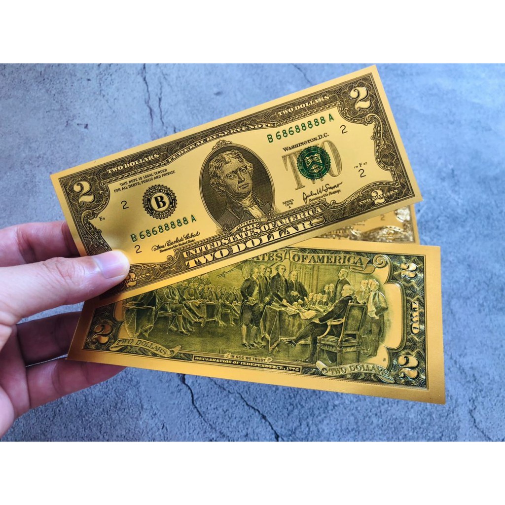 Tờ 2 USD vàng Plastic - Lì xì tài lộc
