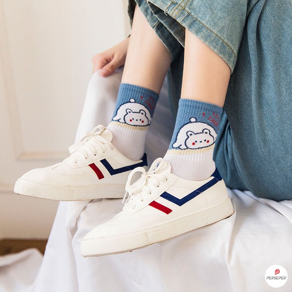 Tất cổ cao trắng họa tiết hình thú dễ thương set 5 đôi kèm túi xinh