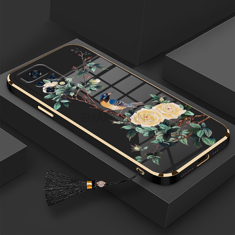 Ốp Điện Thoại Silicon Mạ Điện Họa Tiết Hoa Và Chim Kèm Dây Đeo Cho Redmi note 11 Redmi note 11s Redmi note 11 pro