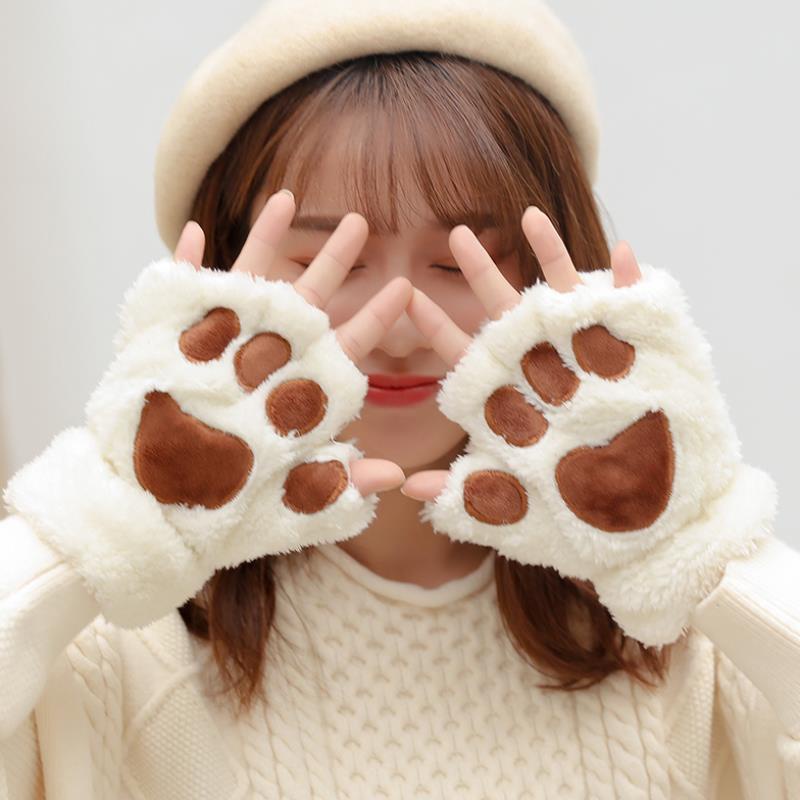 Găng Tay Giữ Ấm Hở Ngón Hình Chân Mèo Hoạt Hình Dễ Thương Thời Trang Mùa Đông Cho Nữ