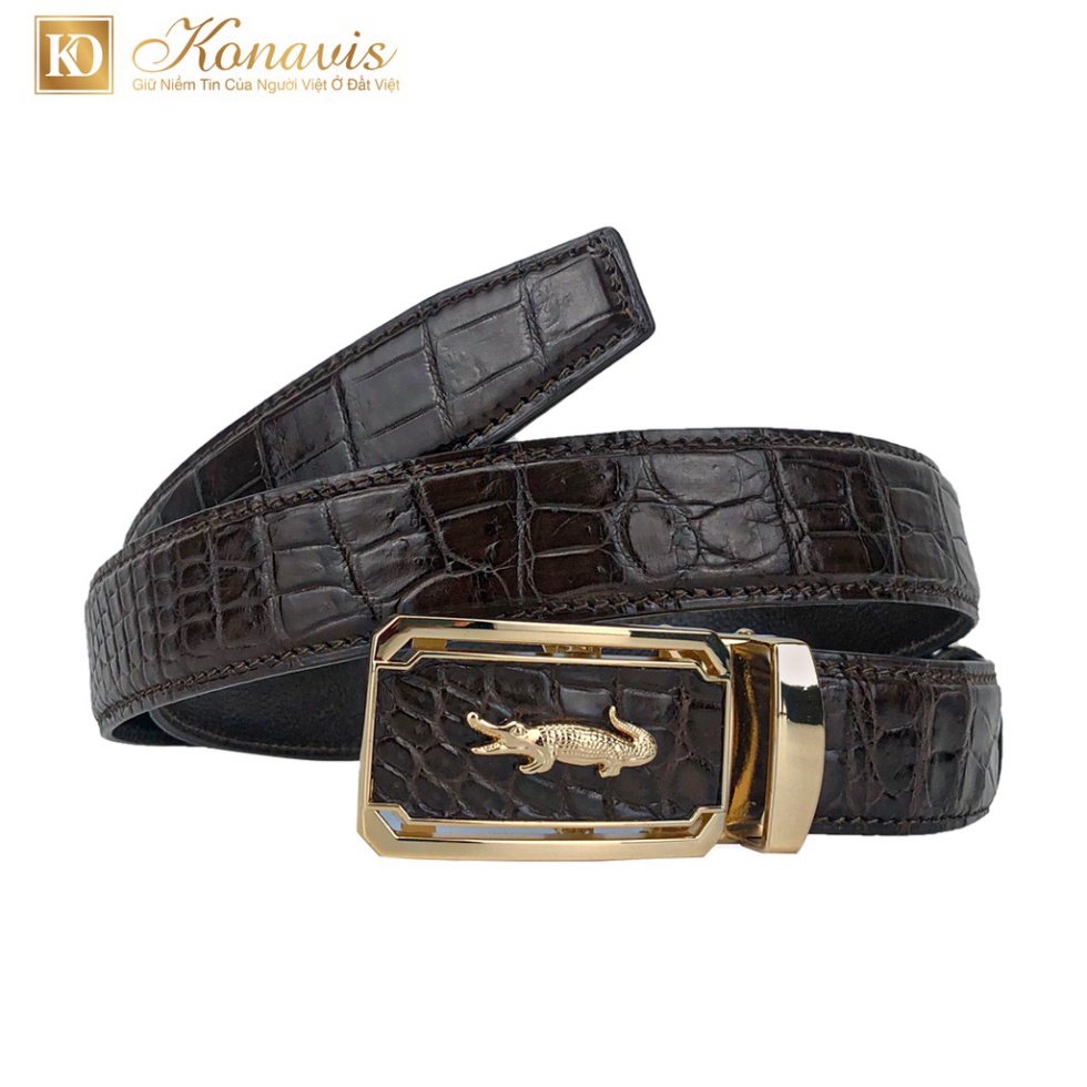 Dây nịt nam - dây lưng da cá sấu thật Konavis thời thượng bản nhỏ 3.5Cm làm từ da bụng con cá sấu gray clolor đất - CB02