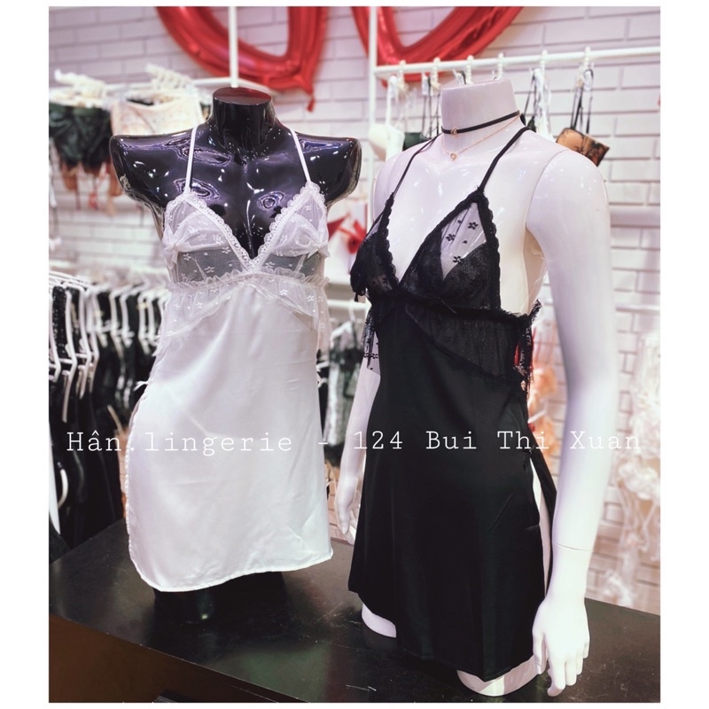 Bộ váy pha ren Đen-Trắng kèm dây đeo đùi