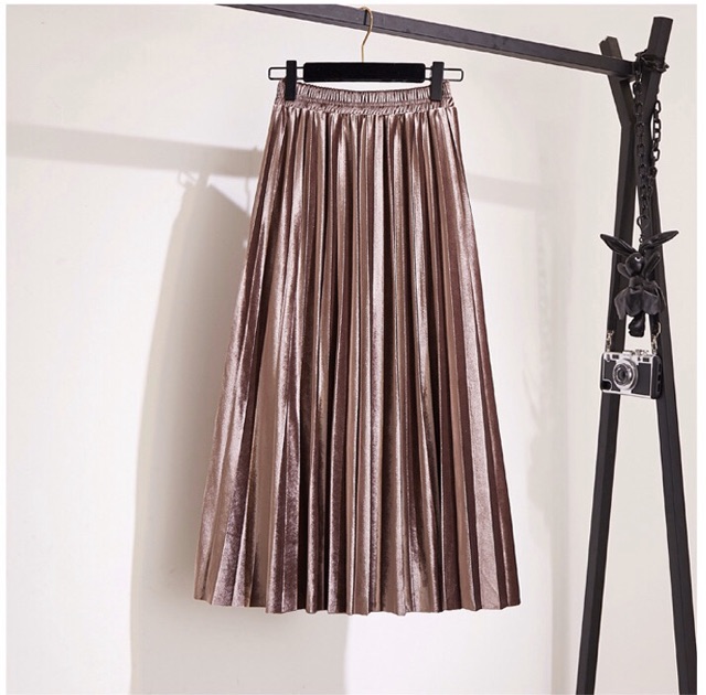 Chân váy nhung xếp ly ánh nhũ dáng dài vintage (không đai) | BigBuy360 - bigbuy360.vn