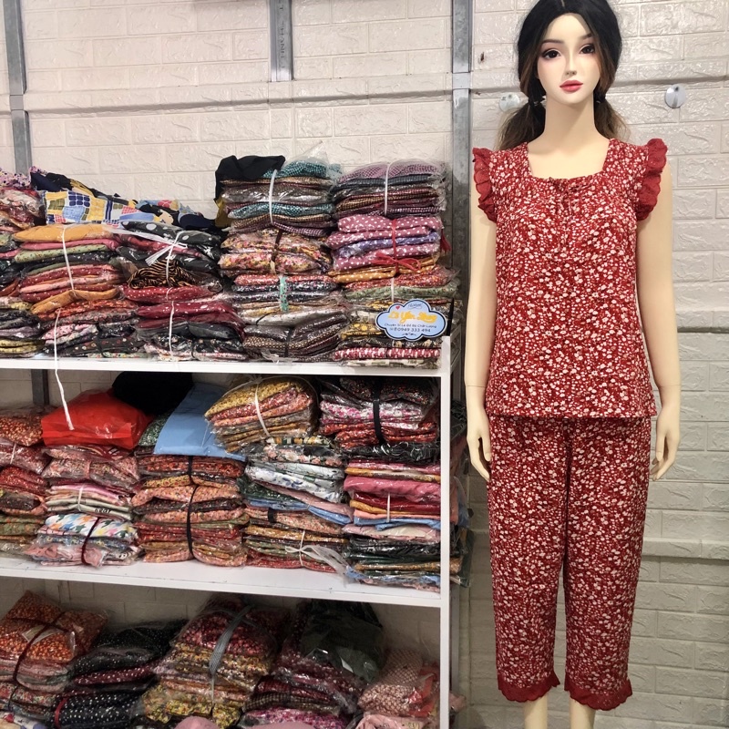 Bộ mặc nhà nữ chấm bi phối ren lụa mango siêu mát quần 9 tấc, đồ bộ nữ mặc nhà | BigBuy360 - bigbuy360.vn