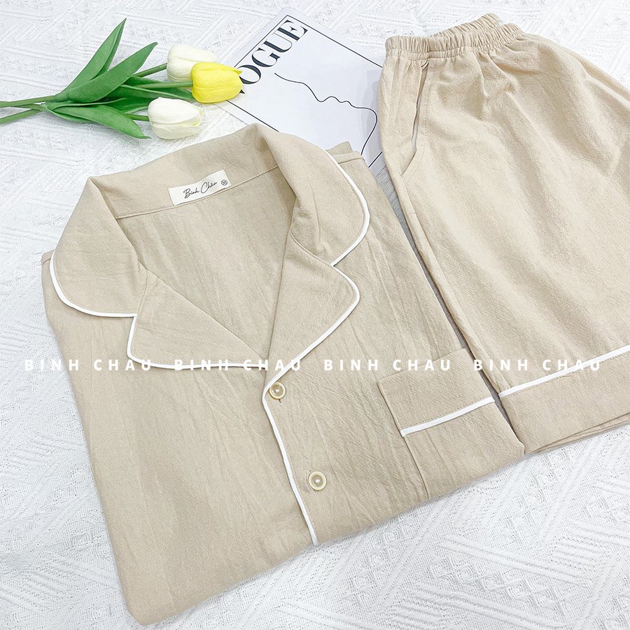 Bộ Pijama Xinh, Đồ Ngủ Dễ Thương Màu Be Chất Vải Cotton Bột - Bình Châu Sleepwear Clothing