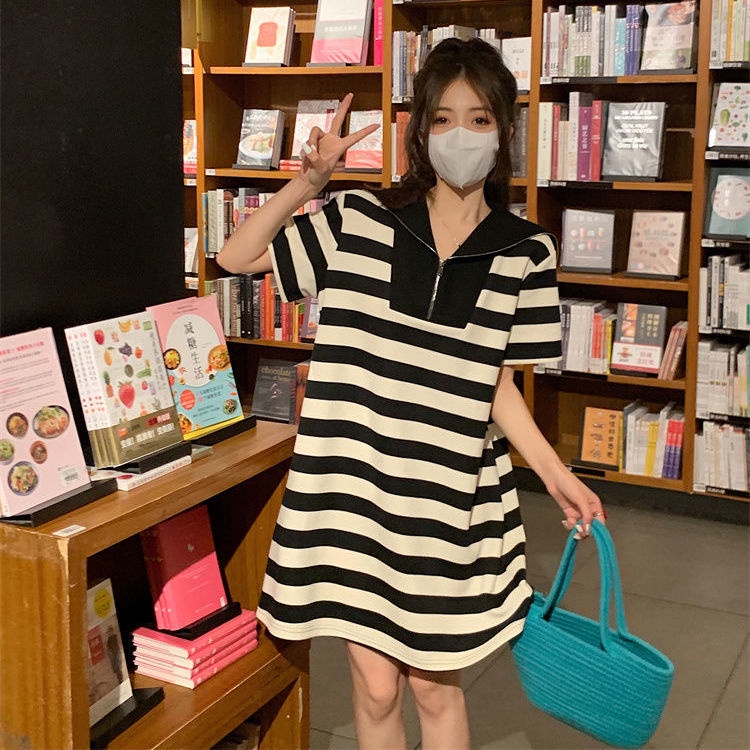 COZOK Đầm Sọc Cổ Hải Quân In Hình monogram Cổ Điển