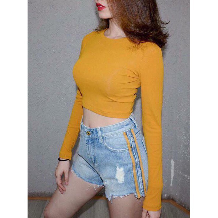 F475 - Áo Thun Trơn Croptop Tay Dài