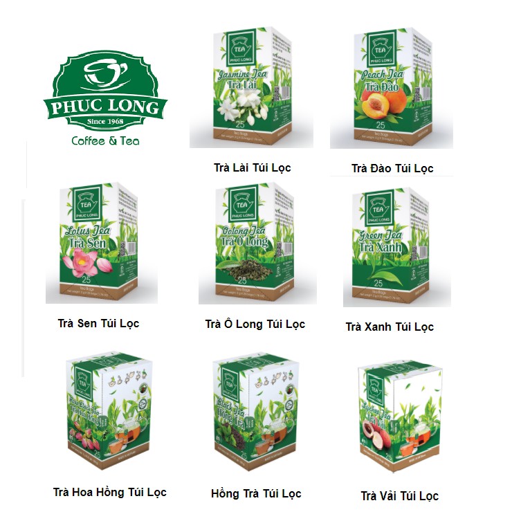 Trà túi lọc Phúc Long (trà vải, trà đào, trà lài, trà sen, trà ô long, trà xanh, trà hoa hồng, hồng trà)