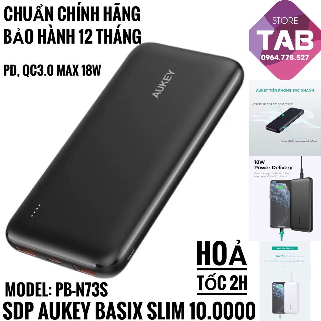 Sạc Dự Phòng Aukey Basic Slim 10.000 PB-N73S PD/QC3.0 18w (Bảo Hành 12 T)