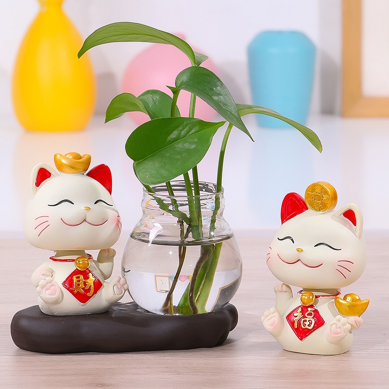 Bộ tượng mèo may mắn kèm bình thủy tinh trồng cây trang trí bàn học, góc làm việc giúp thư giãn cho người sử dụng