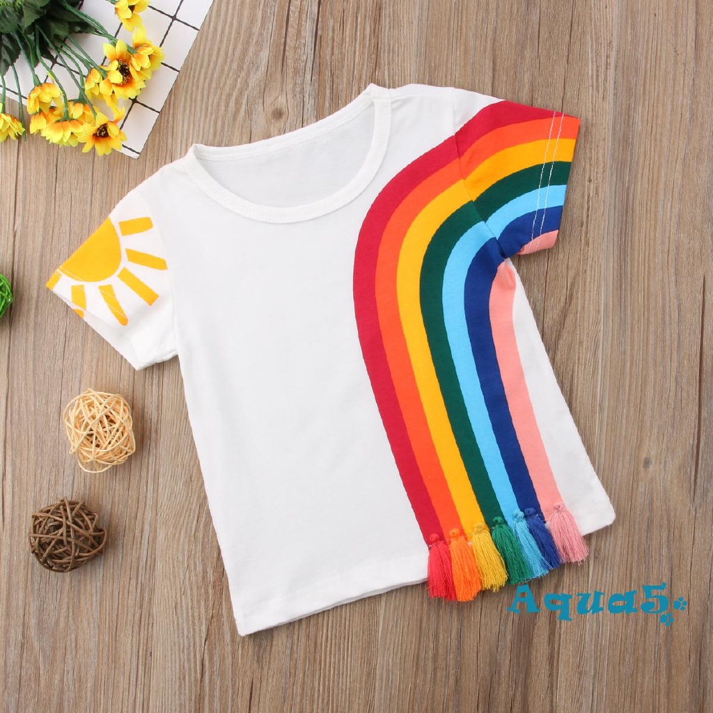 Fashion Kids Baby Girls Casual Rainbow Tassel Patchwork Cotton T-shirt Tops