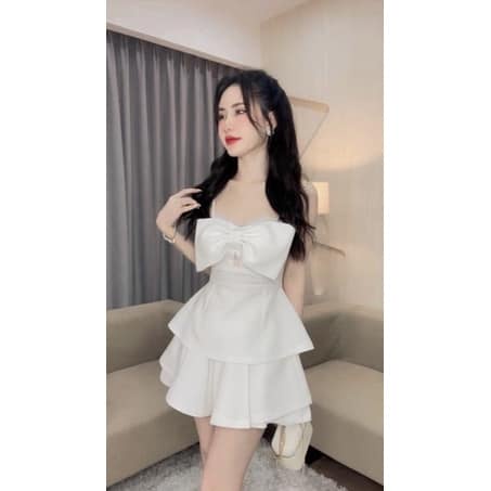Set Thun Áo 2 Dây Trắng Nơ Ngực Phối Ren Kèm Short