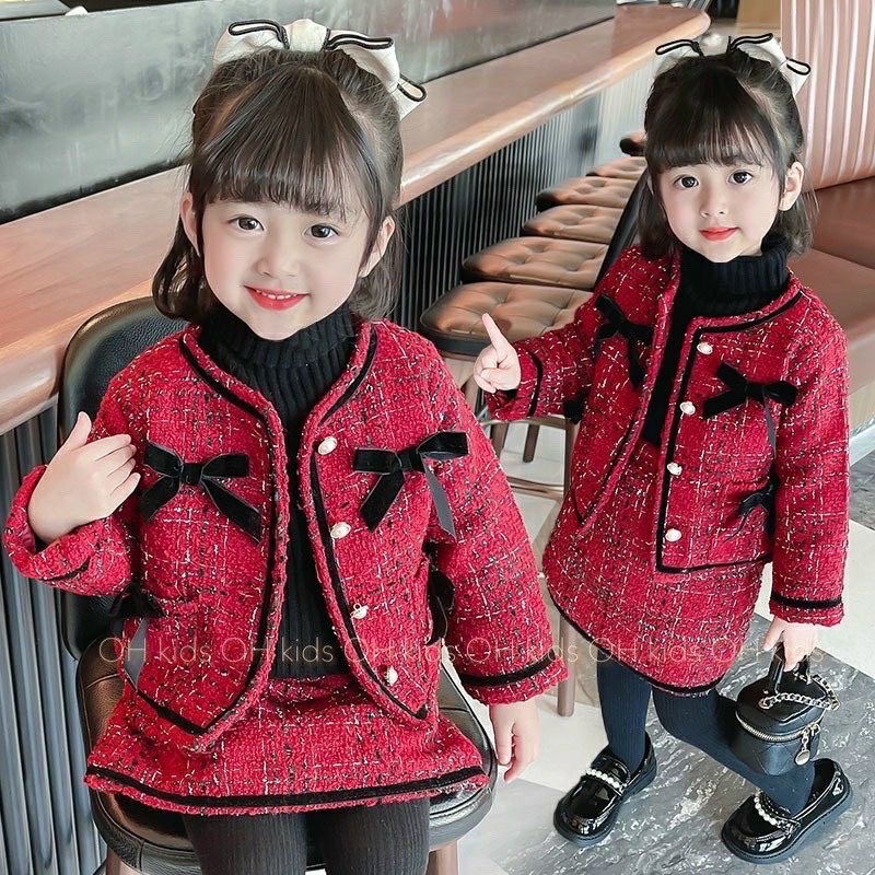 Set Dạ Đỏ Nơ Xinh Cho Bé 1-5 Tuổi