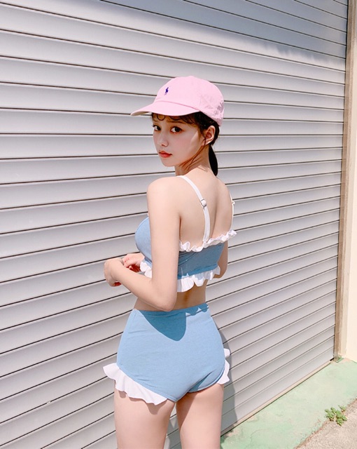 Bikini, đồ bơi 2 mảnh áo ống xanh duơng dễ thương chất vải thun gân (hàng Quảng Châu loại 1)