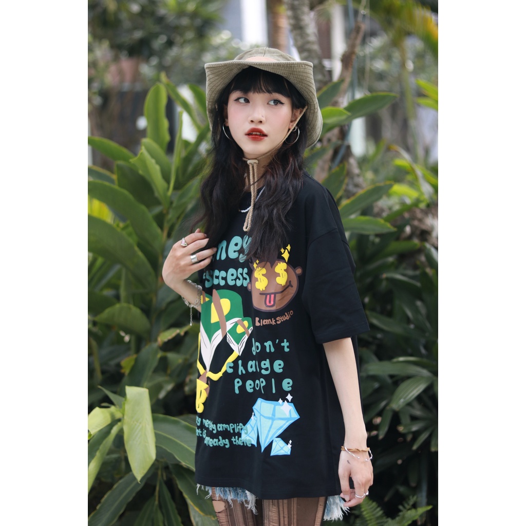 BLANK | Áo Thun Money &amp; Success Tay Lỡ Unisex - Đen/Trắng Cổ Tròn