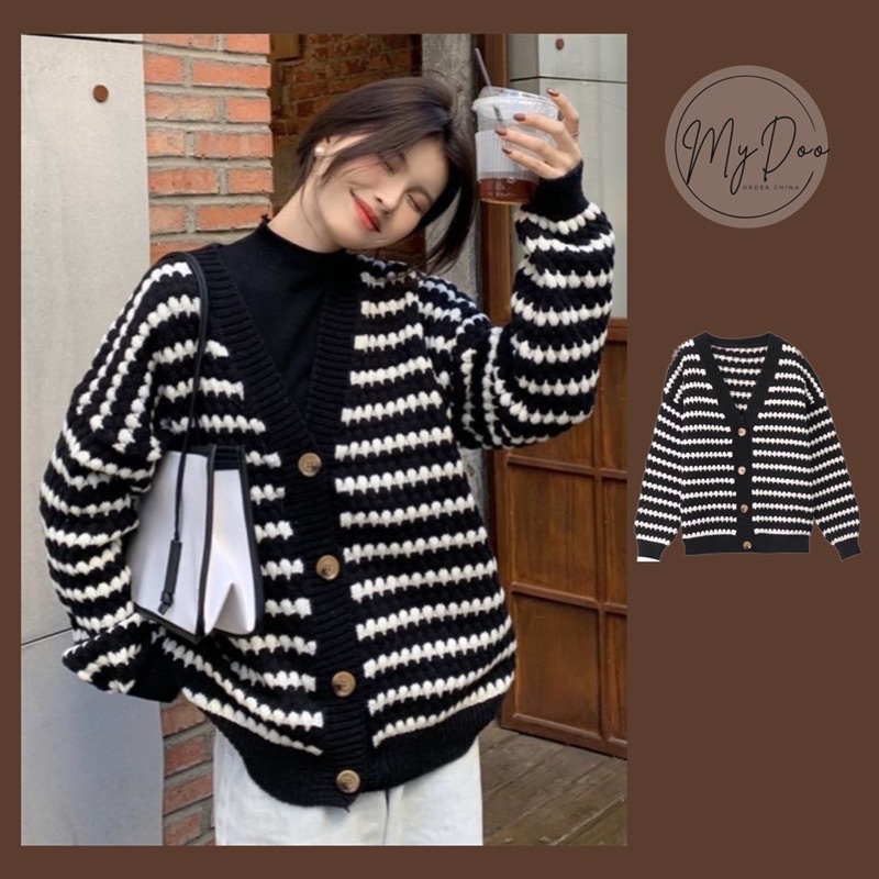 Áo Cardigan len kẻ phối đen trắng dáng rộng [50c đầu rẻ nhất] - CLG18