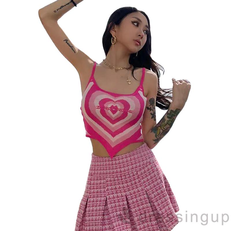 Áo Dệt Kim Hai Dây Thêu Họa Tiết Trái Tim Màu Hồng Thời Trang Mùa Hè Cho Nữ