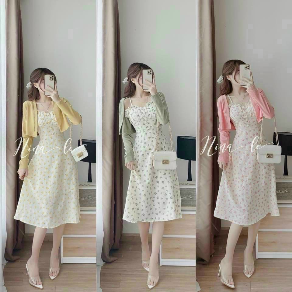 Đầm Nữ Thời Trang Mặc Đi Chơi, Đầm Nữ Voan Hoa Hai Dây Có Mút Kèm Áo Khoác Gân Như Hình 100%
