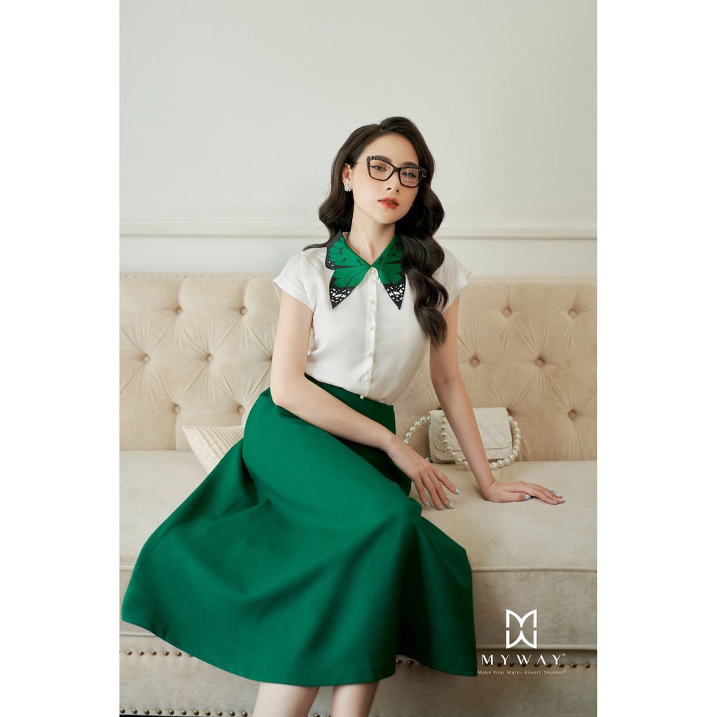 Áo Sơ Mi Công Sở Nữ MY WAY Trắng Ngắn Tay Cổ Áo Cách Điệu Độc Đáo 9MA0402
