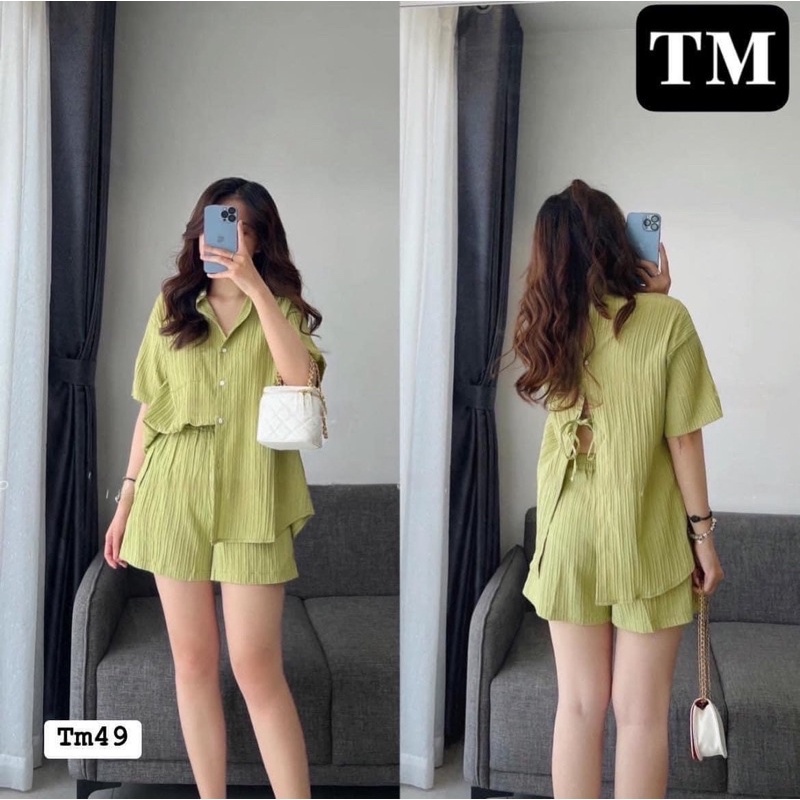Set Bộ Đũi Gân Sơ Mi Thắt Nơ Lưng Mix Quần Short 100