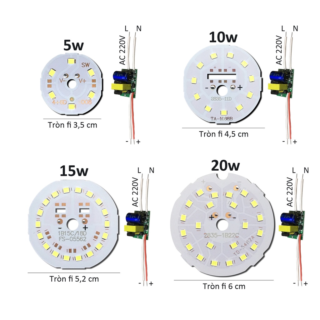 Bảng bo vỉ mạch Led 5w 10w 15w 20w siêu sáng mắt chip Led 2835 + nguồn driver AC220V MLB-5-20x