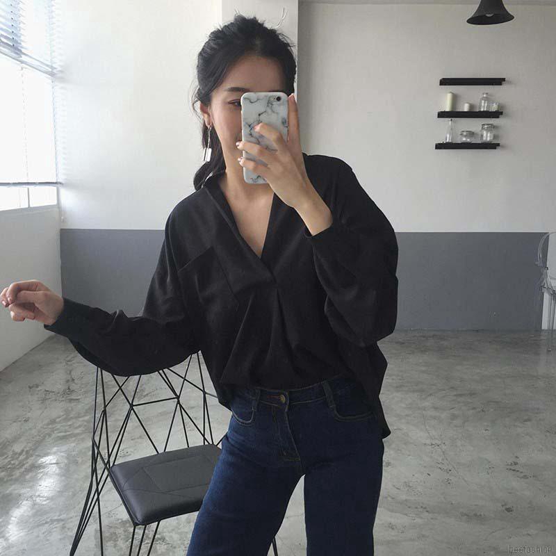 Áo Blouse nữ tay dài cổ chữ V phong cách Hàn Quốc