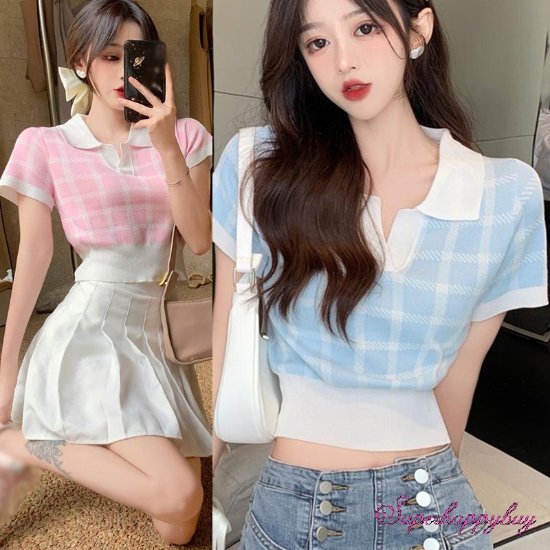 Áo Thun Dệt Kim Ngắn Tay Họa Tiết Sọc Caro Thời Trang Mùa Hè Cho Nữ