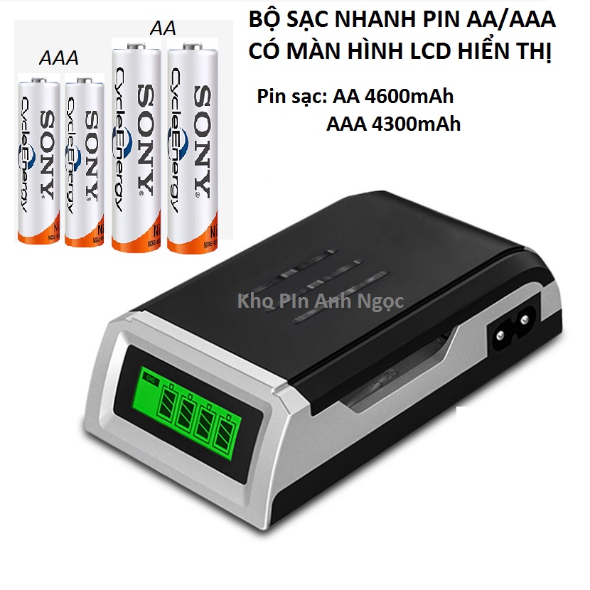 Bộ Sạc Nhanh 4 Cổng Cho Pin AA/AAA Có Màn Hình Hiển Thị Kèm Pin Sạc