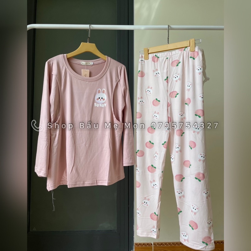 Đồ bộ bầu, Bộ dài tay mặc nhà sau sinh cho con bú vải thun mỏng nhẹ thoải mái có size lớn