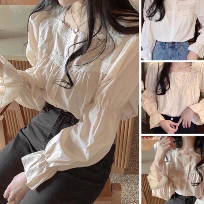 Áo sơ mi nữ babydoll cổ vuông dài tay - Áo sơ mi nữ  vintage 2 màu trắng be (có hình thật/video/sẵn). cicidream