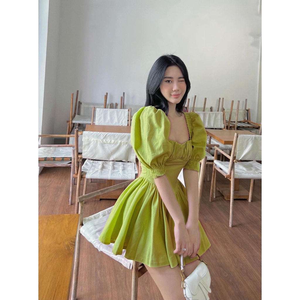 Đầm cổ vuông tay bồng tùng xòe nhún chun lưng màu nổi cam/xanh lá NÀNG CLOSET