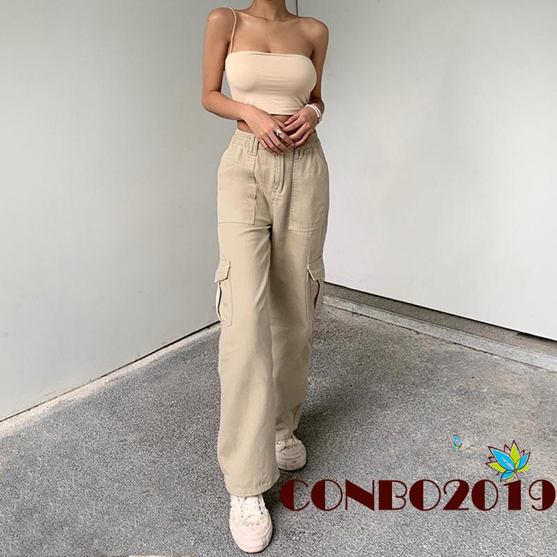 Hgm-quần Jean Nữ Cạp Cao Ống Thẳng Có Túi Màu Trơn / Kaki / Nâu