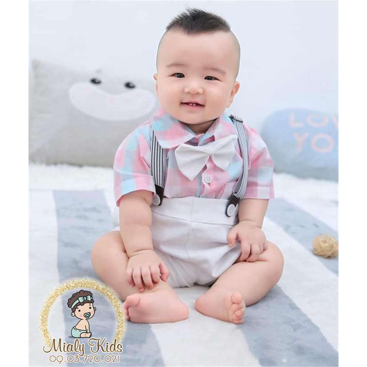 Set yếm và áo caro xanh hồng (6-21Kg) phù hợp chụp ảnh, thôi nôi cho bé trai - Vải thoáng mát cho bé hoạt động
