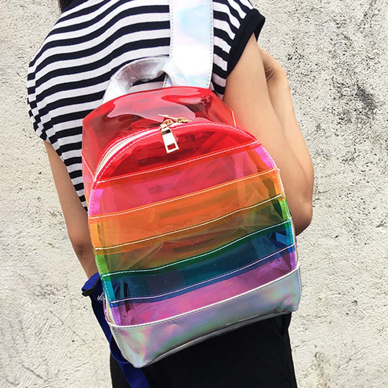 oksyevRainbow Stripe Laser Backpack PVC Transparent Contrasting Color Casual Large Capacity Unicorn Female Bag-Color Bar