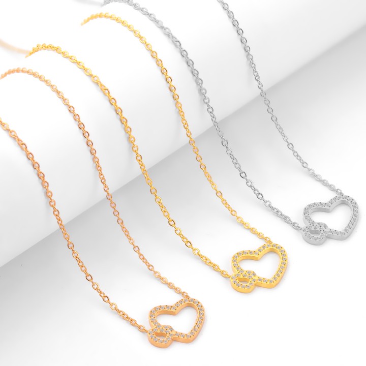 Dây chuyền nữ titan cao cấp trái tim đôi đính đá siêu đẹp, bền màu, hợp thời trang